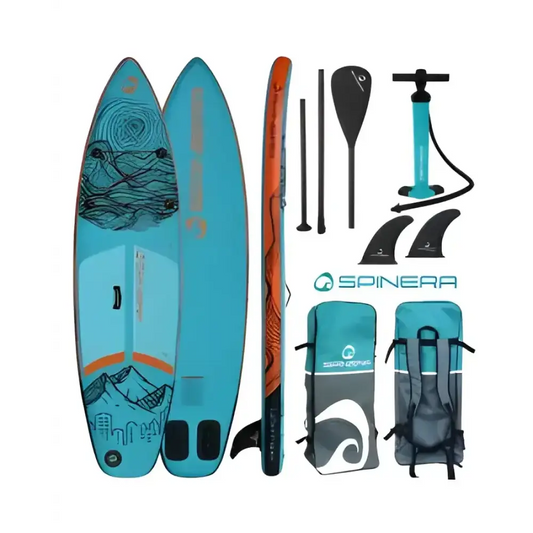 Turquoise Spinera Light SUP with wave design and accessories for paddle boarding